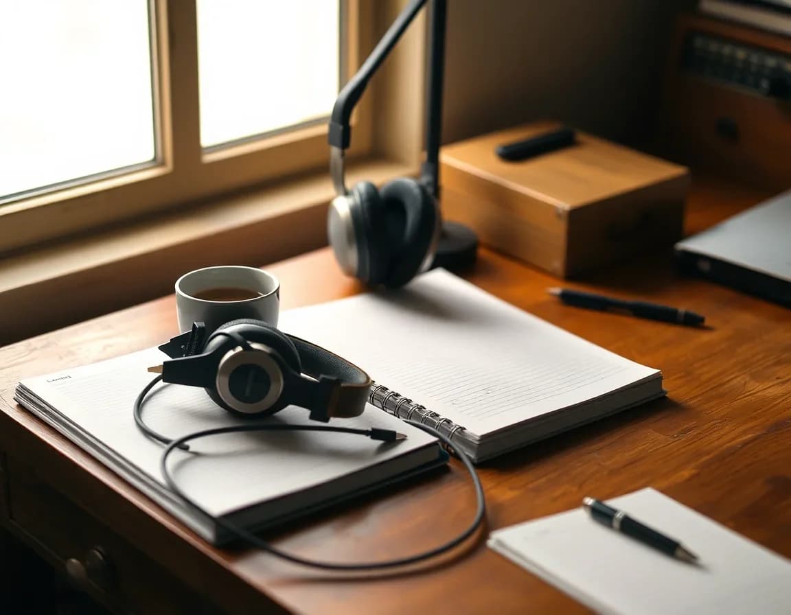 Casque de radio vintage sur table en bois