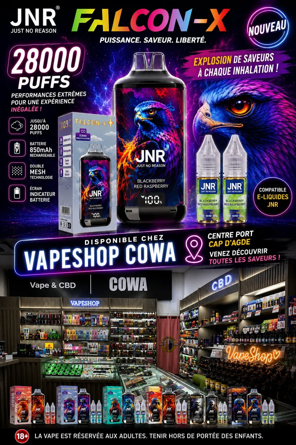 Cowa shop cigarettes électroniques, JNR PUFF, CBD, — Agde — Cap d'Agde Méditerranée